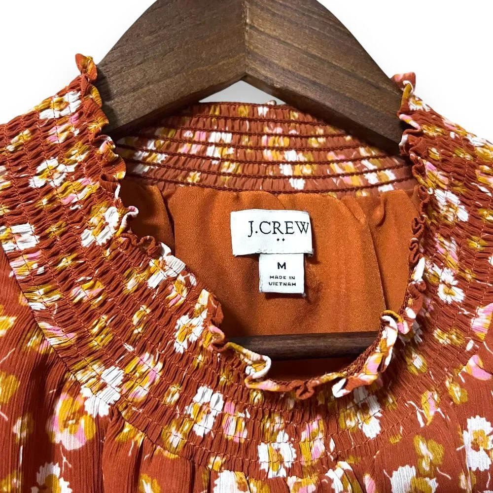 J Crew Shirt Medium Smocked Puff Sleeve Ruffle‎ Burnt Orange Floral Blouse